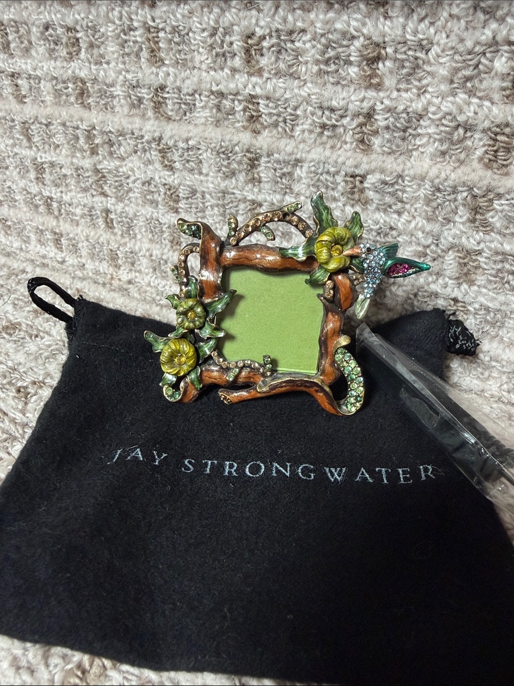 Jay Strongwater Green Enamel Floral Mini Frame Pin with Hummingbird Accent